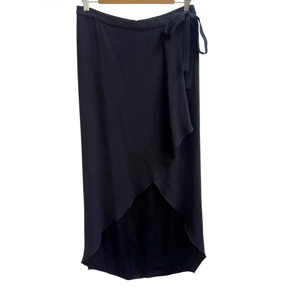 BCBG Max Azria ROXY Skirt Faux Wrap Hi Lo Drape Black Sz M Timeless - Picture 2 of 6